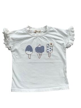 Doe A Dear Size 4T White Ice Cream Sequin Ruffle Short Sleeve Tee Shirt